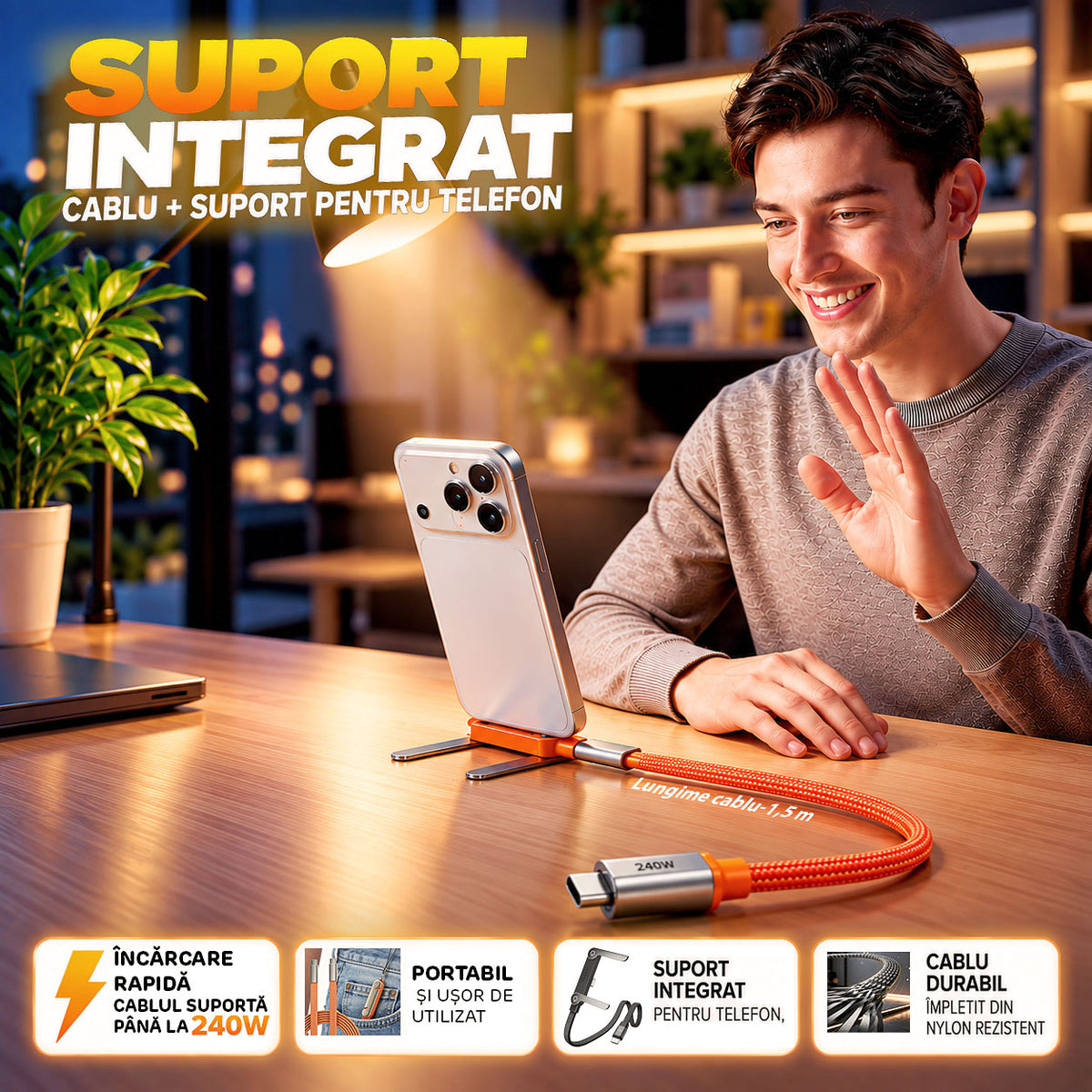 Cablu USB-C 2-în-1 cu Suport pentru Telefon – Încarcă și Folosește Telefonul în Același Timp