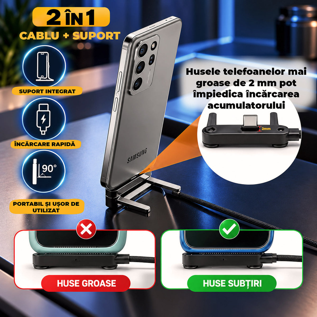 Cablu USB-C 2-în-1 cu Suport pentru Telefon – Încarcă și Folosește Telefonul în Același Timp