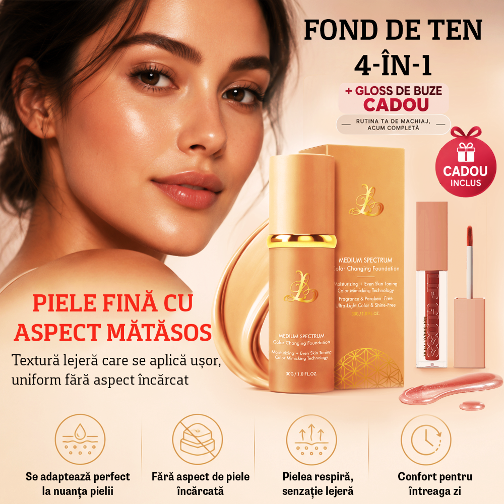 Fond de Ten 4-în-1 cu Nuanță Adaptabilă + Gloss Tip Ulei pentru Luciu și Hidratare CADOU