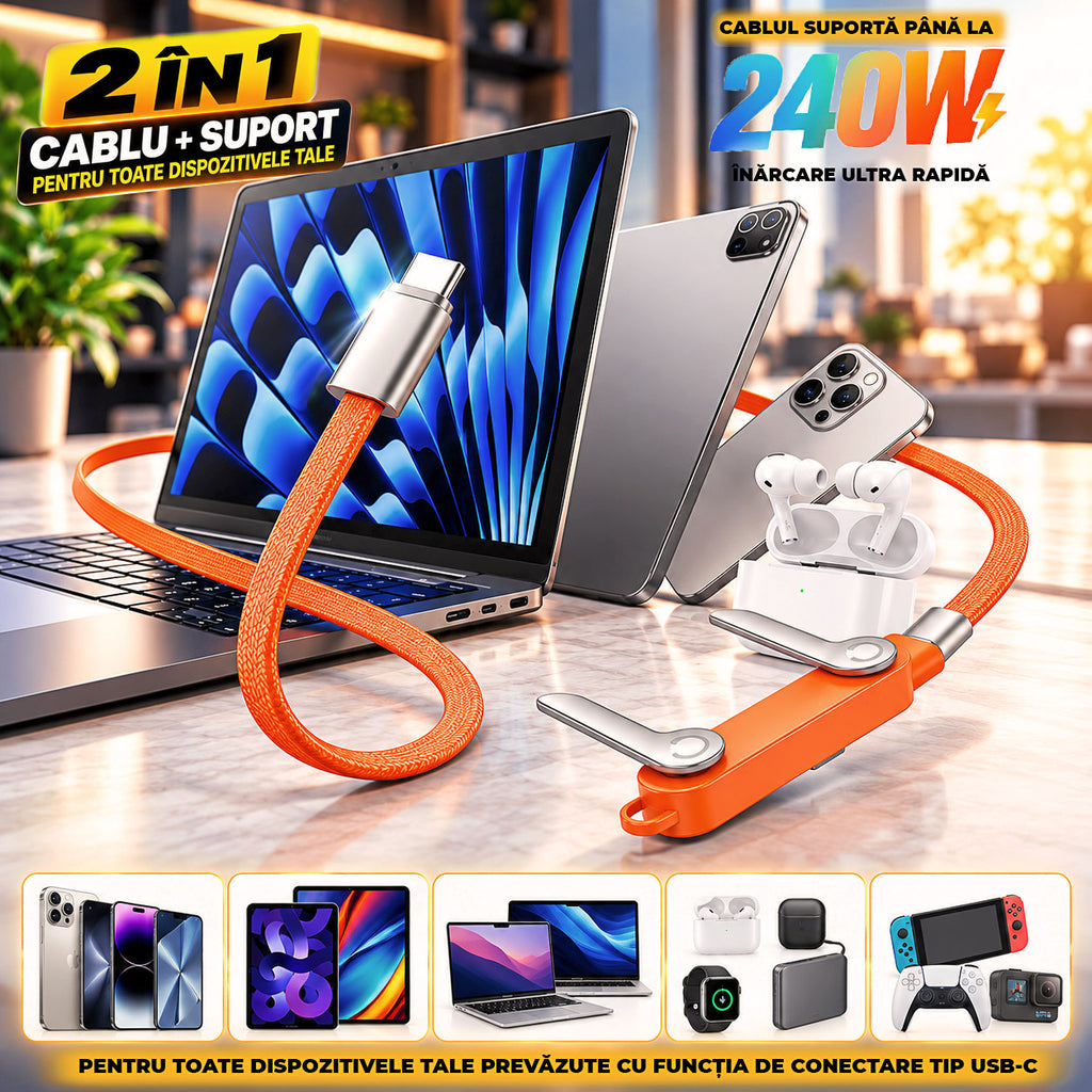 Cablu USB-C 2-în-1 cu Suport pentru Telefon – Încarcă și Folosește Telefonul în Același Timp