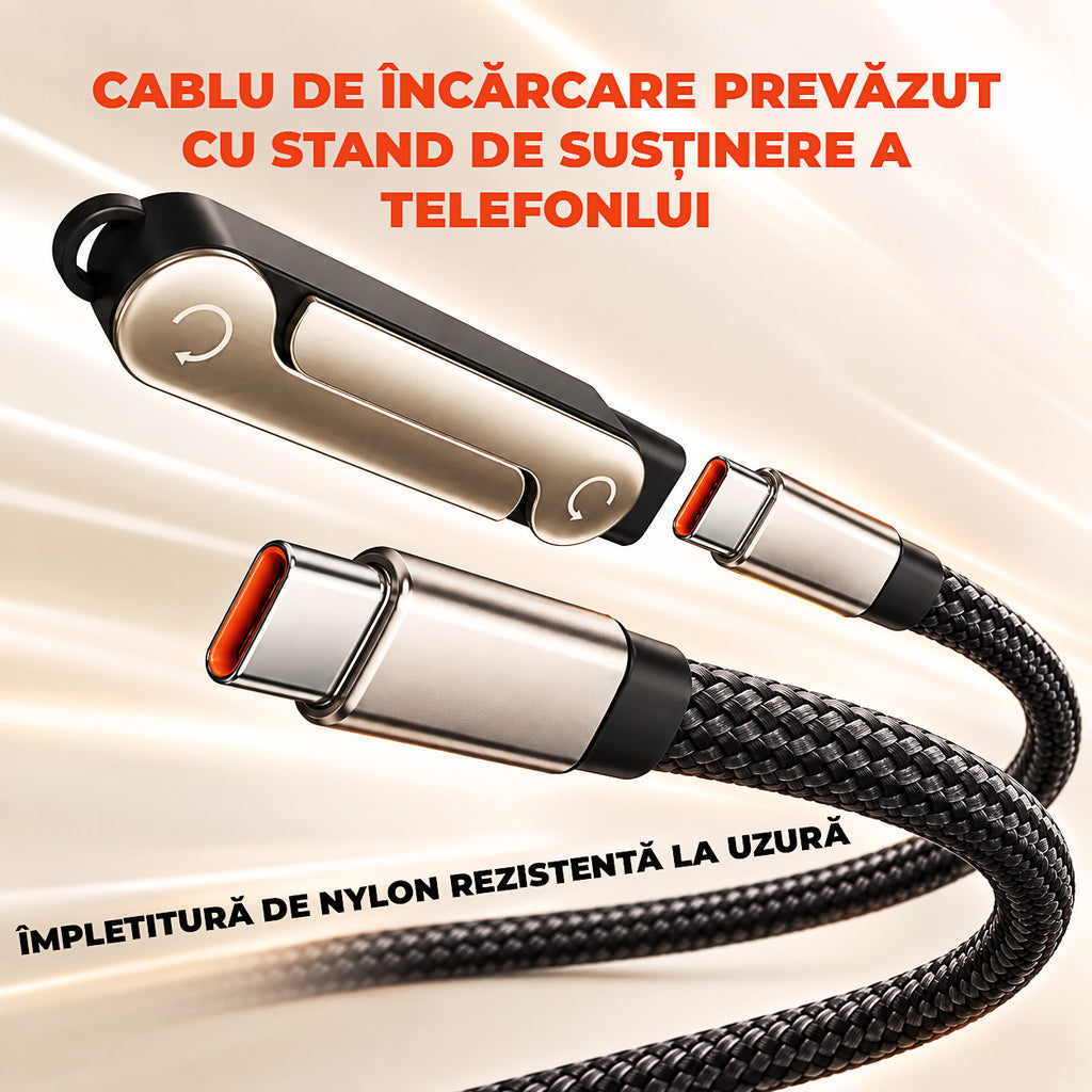 Cablu USB-C 2-în-1 cu Suport pentru Telefon – Încarcă și Folosește Telefonul în Același Timp